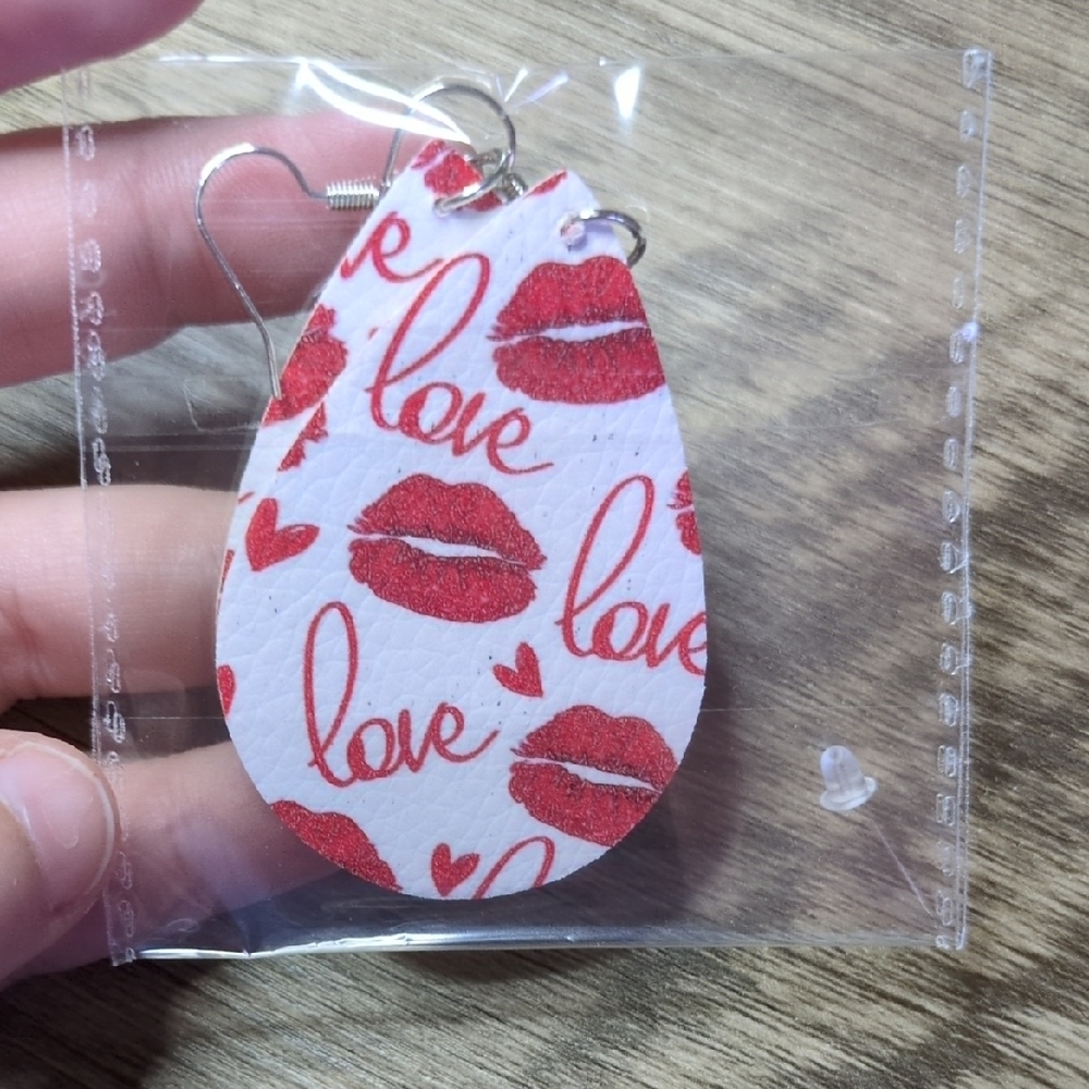 Leather Red Lip Print Teardrop Earrings